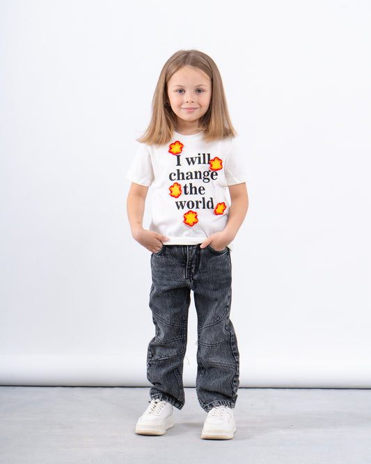 Graphic Tee with Crochet Flower Details