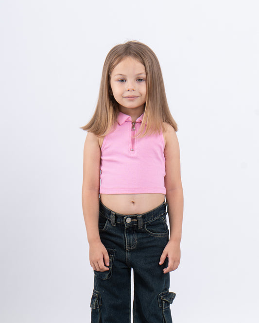 Ribbed Polo Zip Crop Top