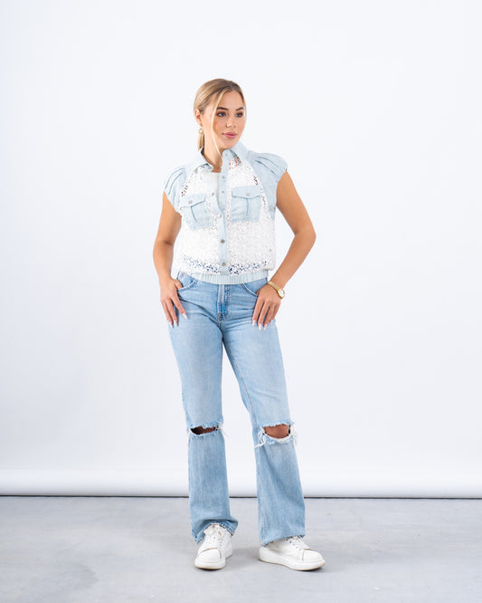 Lace Striped Buttoned Vest