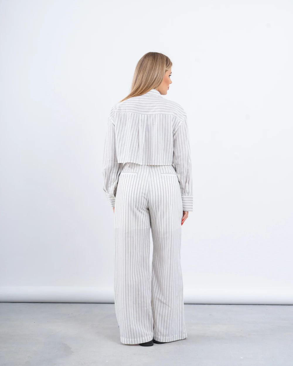 Striped Linen Cropped Shirt & Wide-Leg Pants Set - Venti