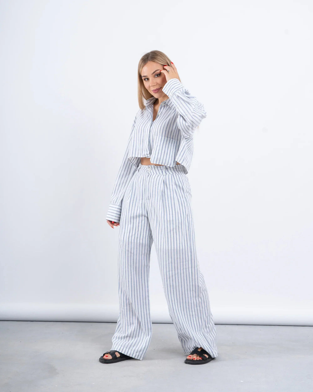 Striped Linen Cropped Shirt & Wide-Leg Pants Set - Venti