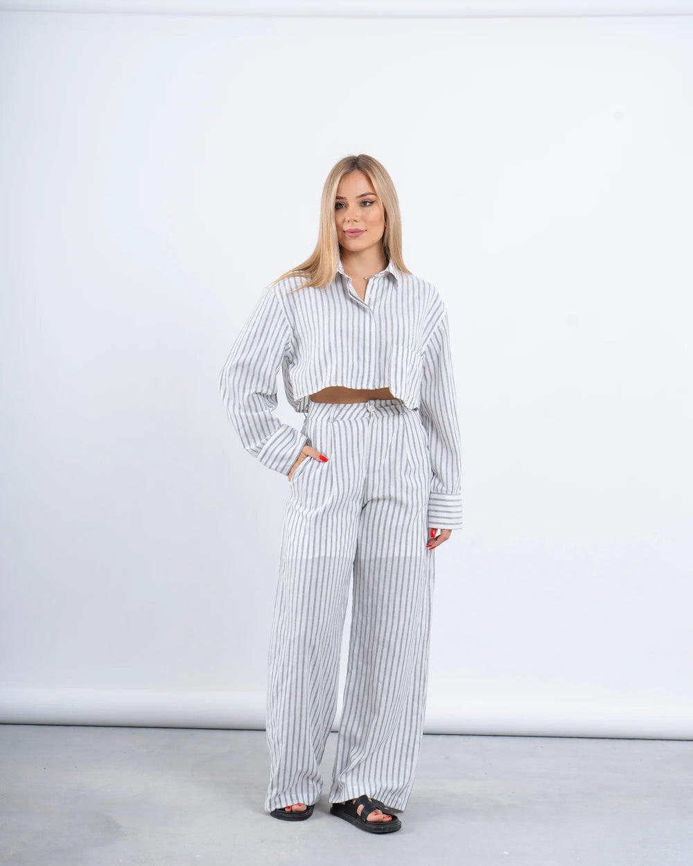 Striped Linen Cropped Shirt & Wide-Leg Pants Set - Venti