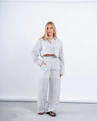 Striped Linen Cropped Shirt & Wide-Leg Pants Set - Venti