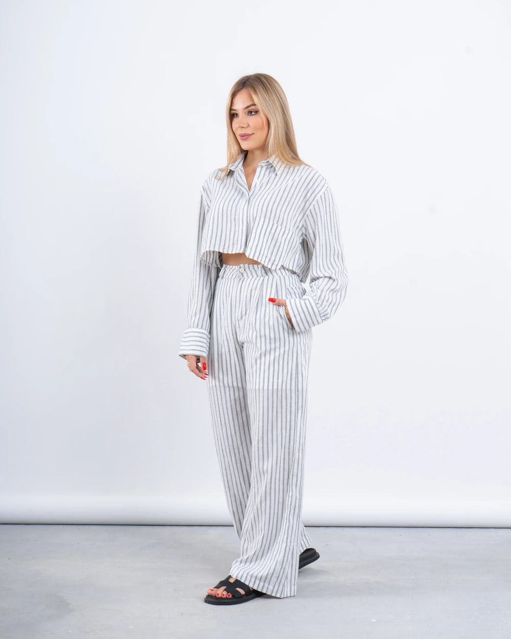 Striped Linen Cropped Shirt & Wide-Leg Pants Set - Venti