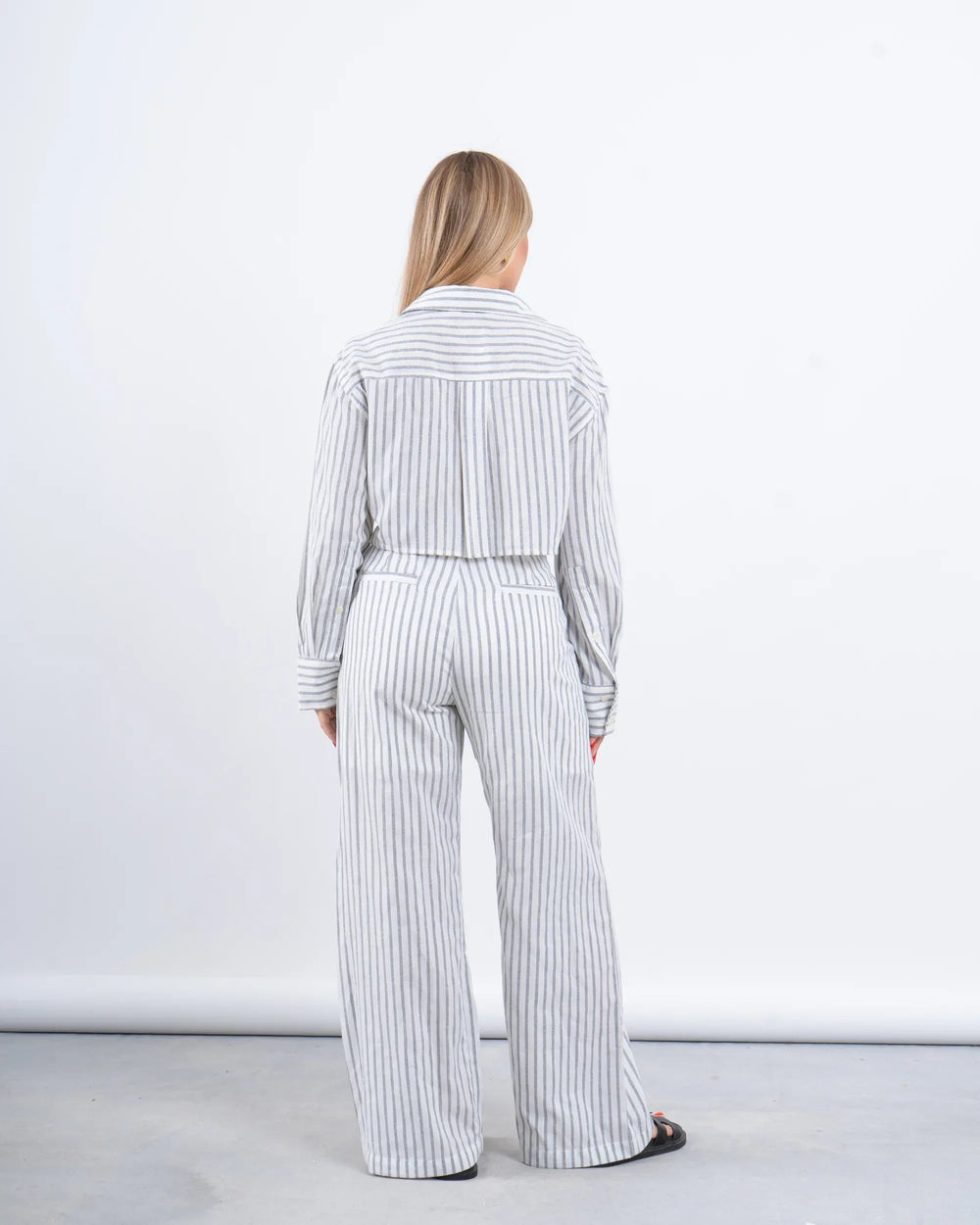 Striped Linen Cropped Shirt & Wide-Leg Pants Set - Venti