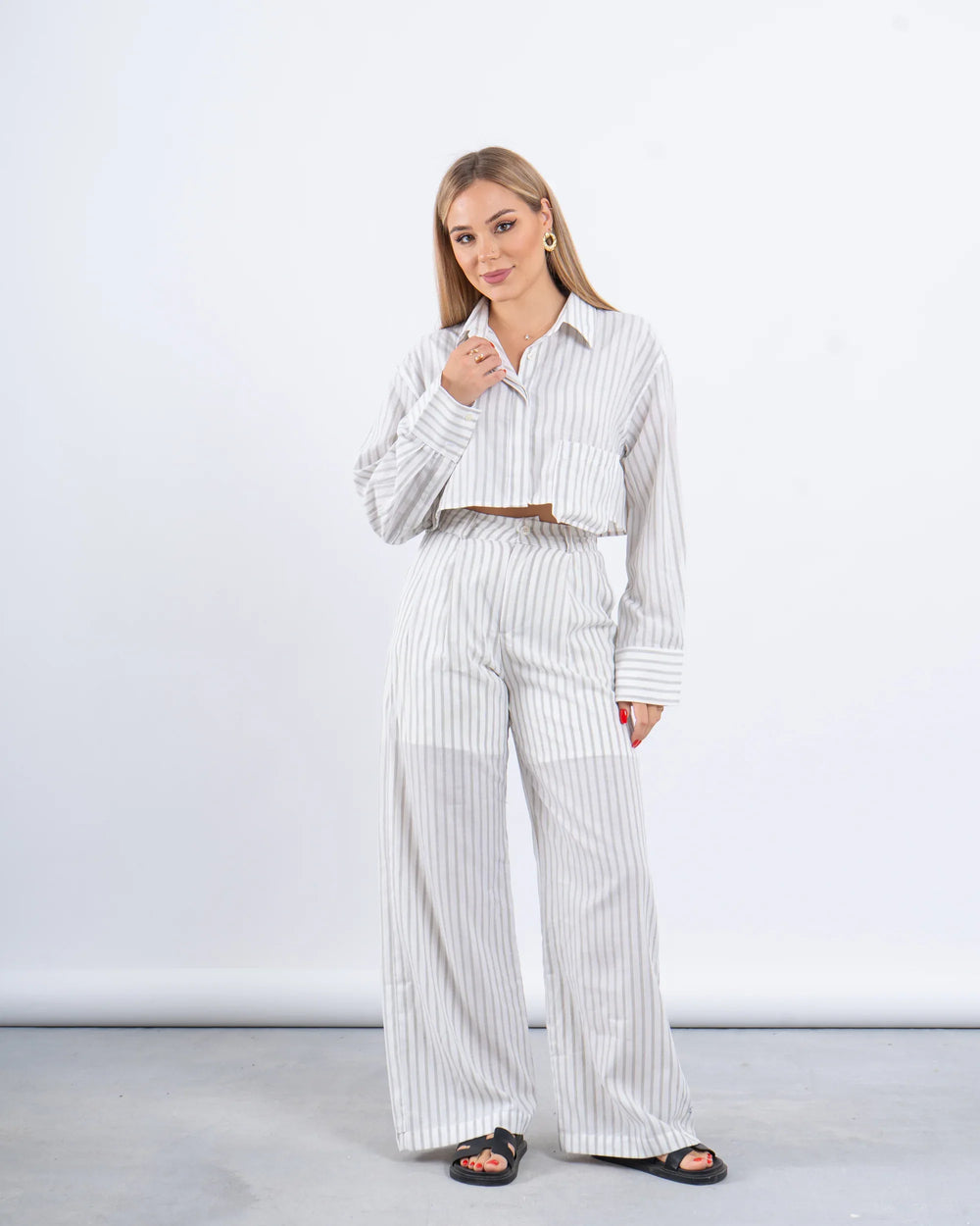 Striped Linen Cropped Shirt & Wide-Leg Pants Set - Venti