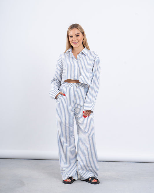 Striped Linen Cropped Shirt & Wide-Leg Pants Set