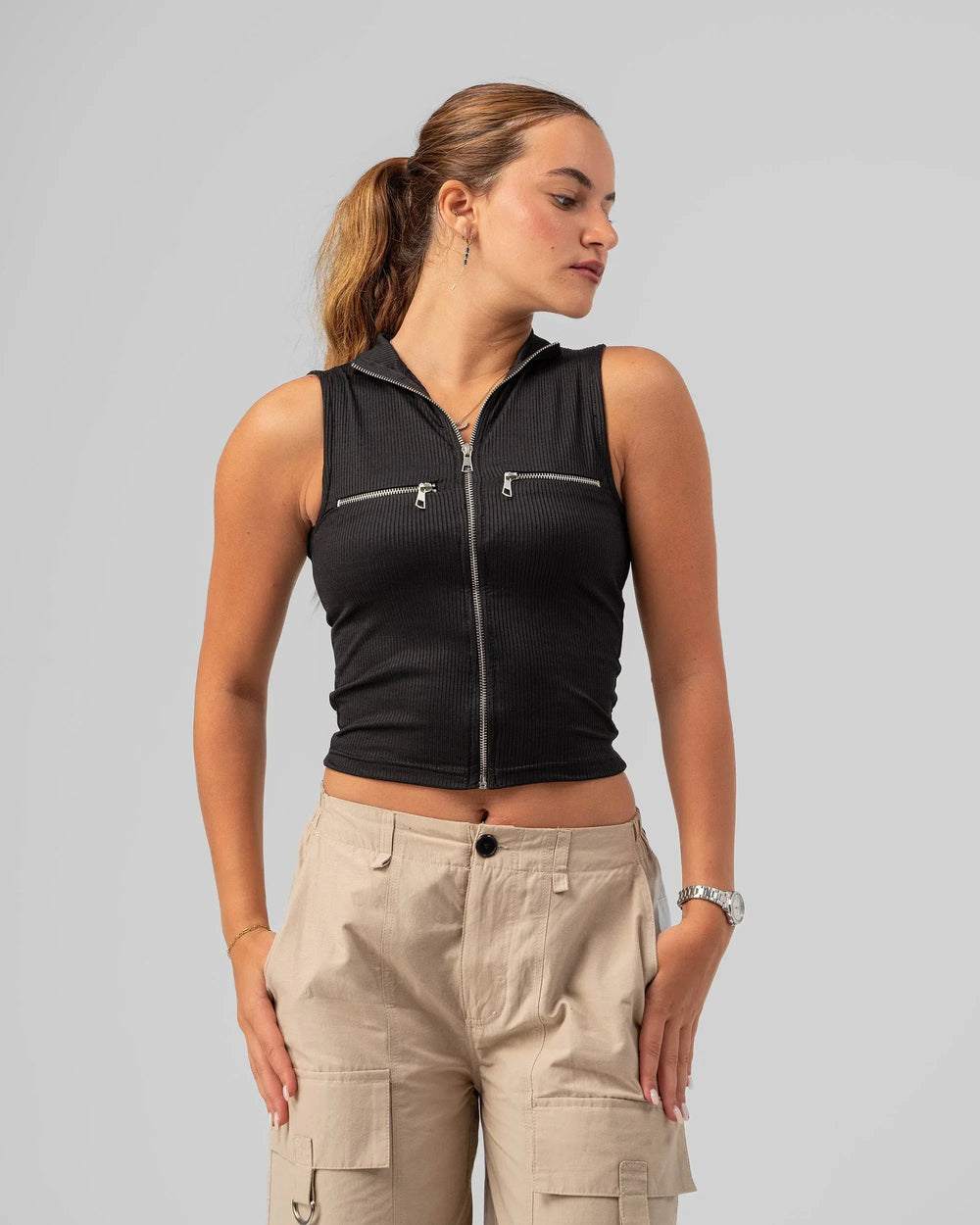 Zip Up Ribbed Polo Top - Venti