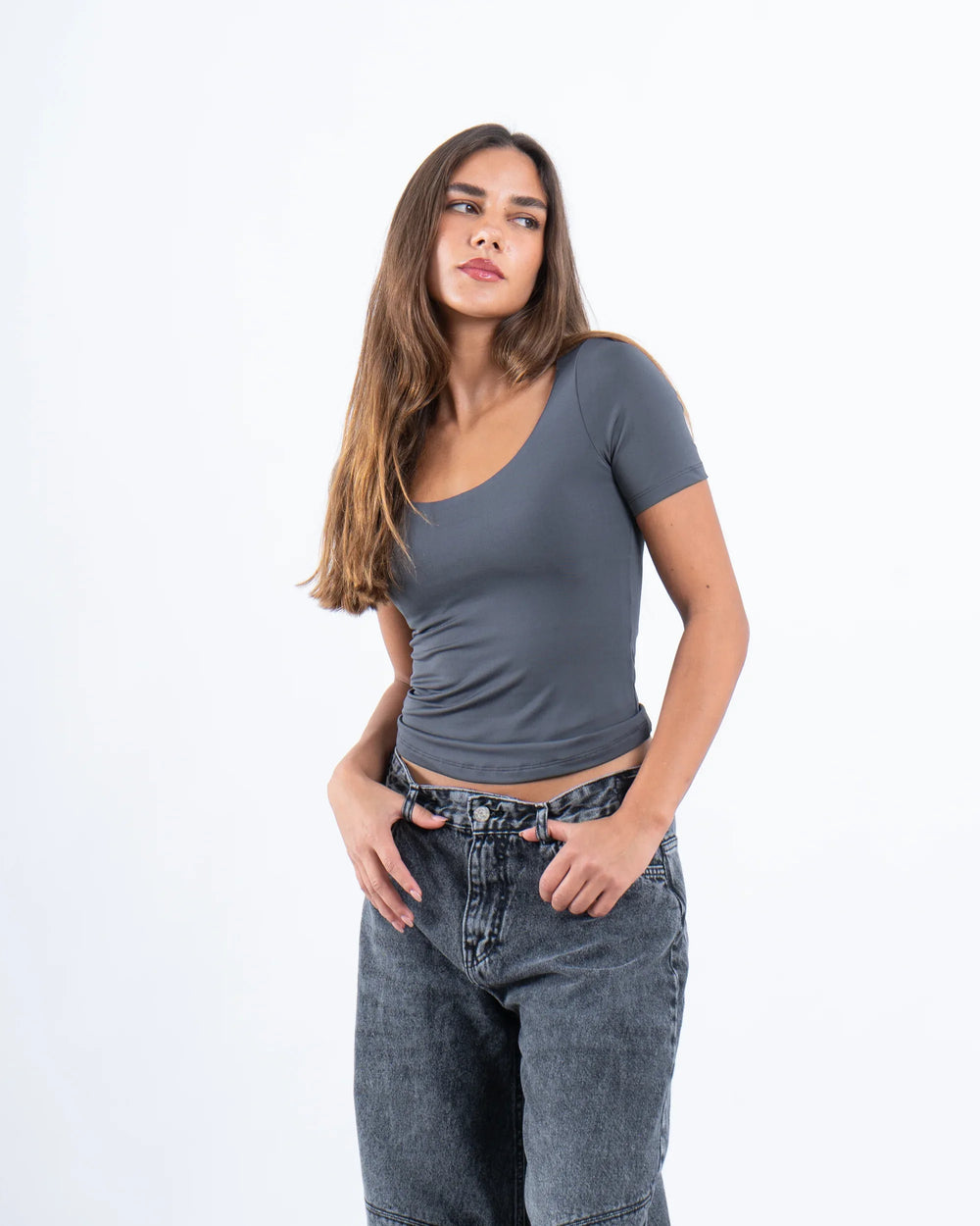 Scooped Neck Polyamide Short Sleeve Top - Venti