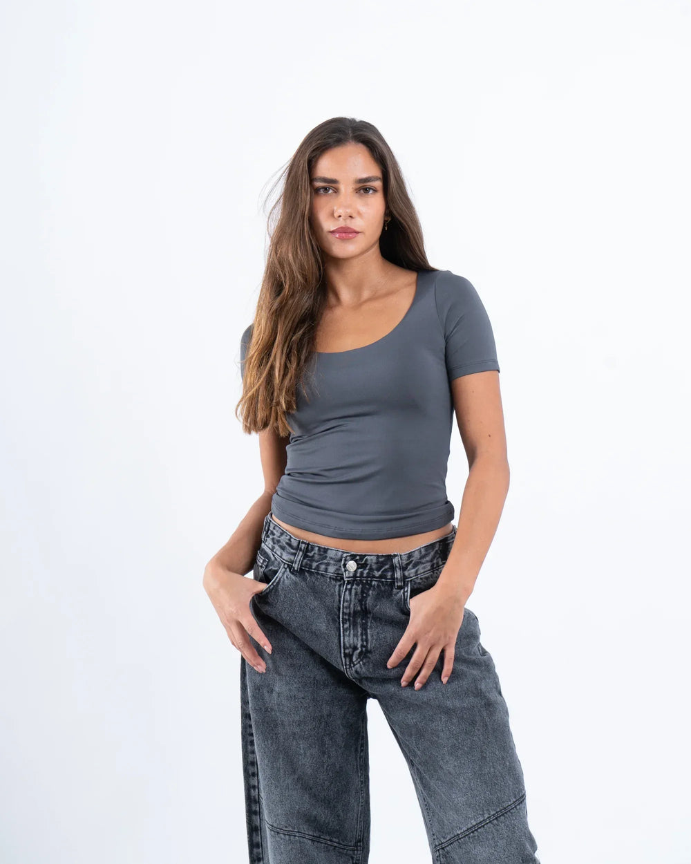 Scooped Neck Polyamide Short Sleeve Top - Venti