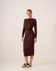 Long-Sleeve Ruched Bodycon Midi Dress