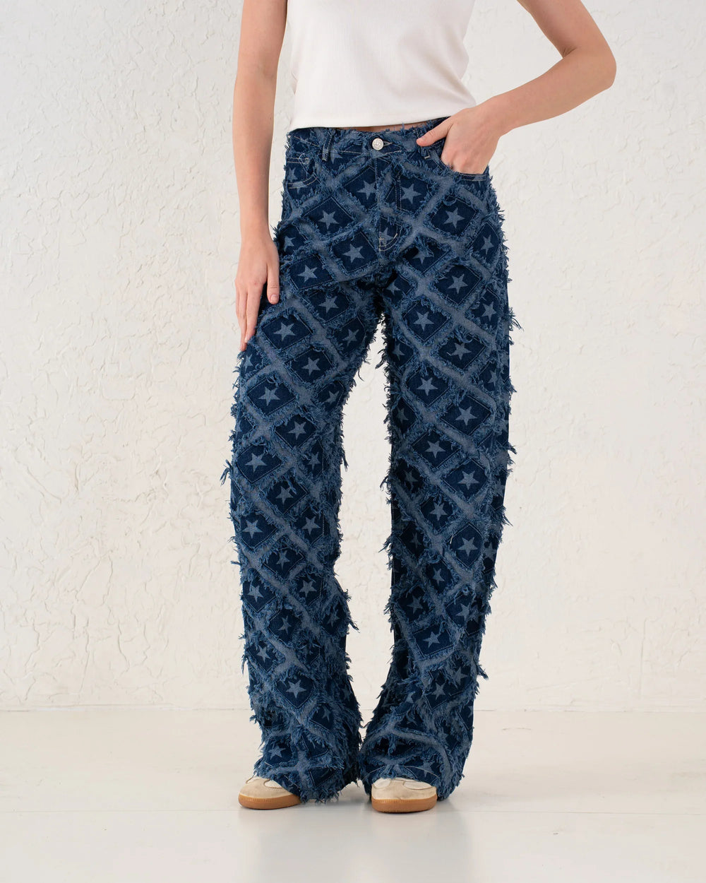 Fringed Star Patchwork Wide-Leg Denim Pants - Venti