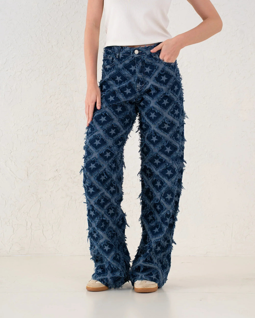 Fringed Star Patchwork Wide-Leg Denim Pants - Venti