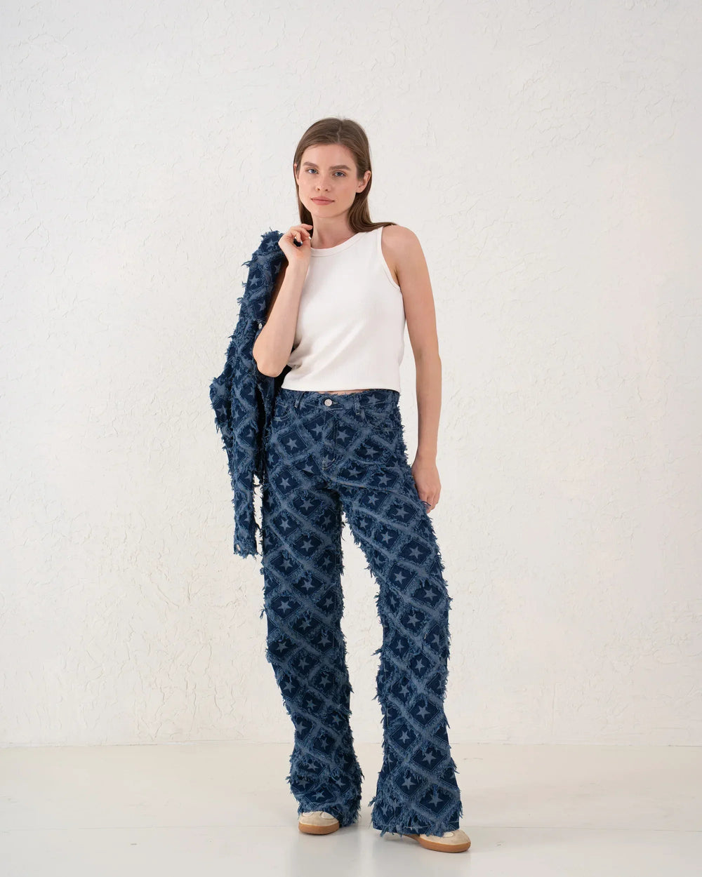 Fringed Star Patchwork Wide-Leg Denim Pants - Venti