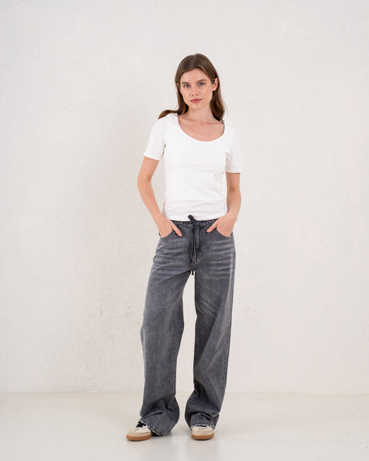 Drawstring Wide-Leg Denim Pants