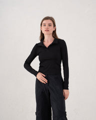 Ribbed Polo Long Sleeve Top