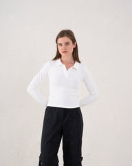 Ribbed Polo Long Sleeve Top