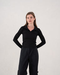 Ribbed Polo Long Sleeve Top
