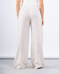 Beige Striped Embroidered Pants
