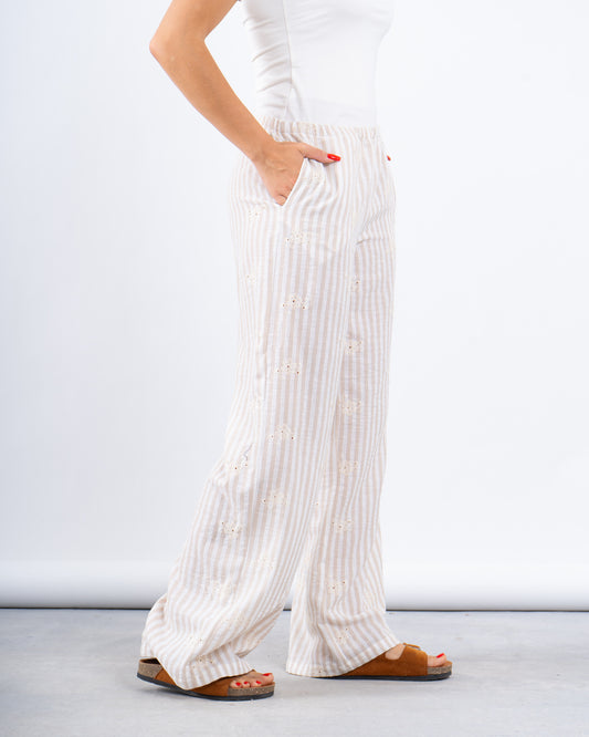 Beige Striped Embroidered Pants