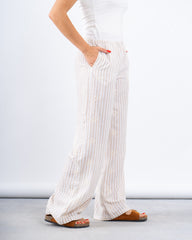 Beige Striped Embroidered Pants