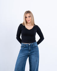 V-Neck Cotton Long-Sleeve Basic Top