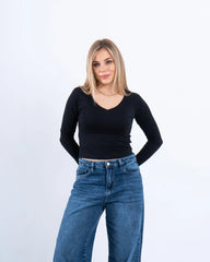 V-Neck Cotton Long-Sleeve Basic Top - Venti