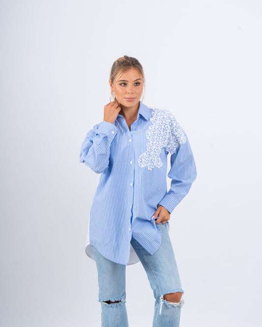 Striped Shirt With Lace & Sparkling Embellishments