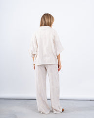 Beige Striped Oversized Shirt With Embroidery