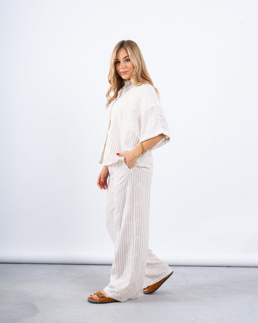 Beige Striped Oversized Shirt With Embroidery
