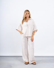 Beige Striped Oversized Shirt With Embroidery
