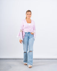 Striped Wrap Top With Lace Flared Sleeves
