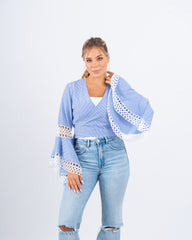 Striped Wrap Top With Lace Flared Sleeves