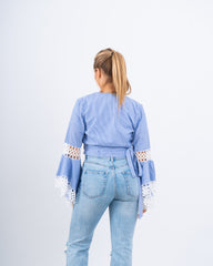 Striped Wrap Top With Lace Flared Sleeves
