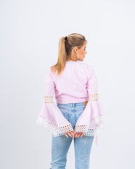 Striped Wrap Top With Lace Flared Sleeves
