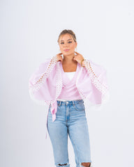 Striped Wrap Top With Lace Flared Sleeves