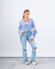Striped Wrap Top With Lace Flared Sleeves