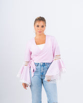 Striped Wrap Top With Lace Flared Sleeves