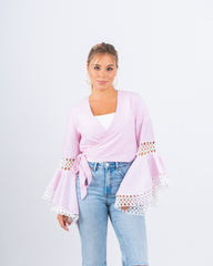 Striped Wrap Top With Lace Flared Sleeves