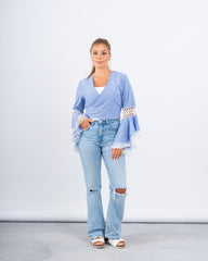 Striped Wrap Top With Lace Flared Sleeves