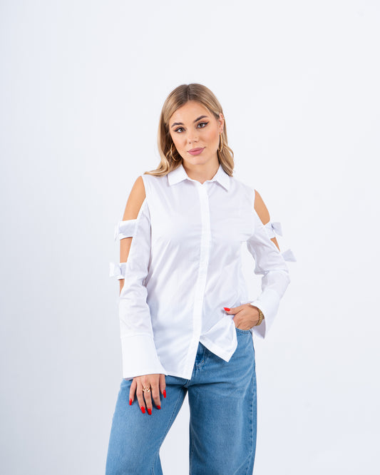 Open-Shoulder Poplin Shirt With Bows