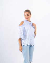 Striped Lace Open-Shoulder Top
