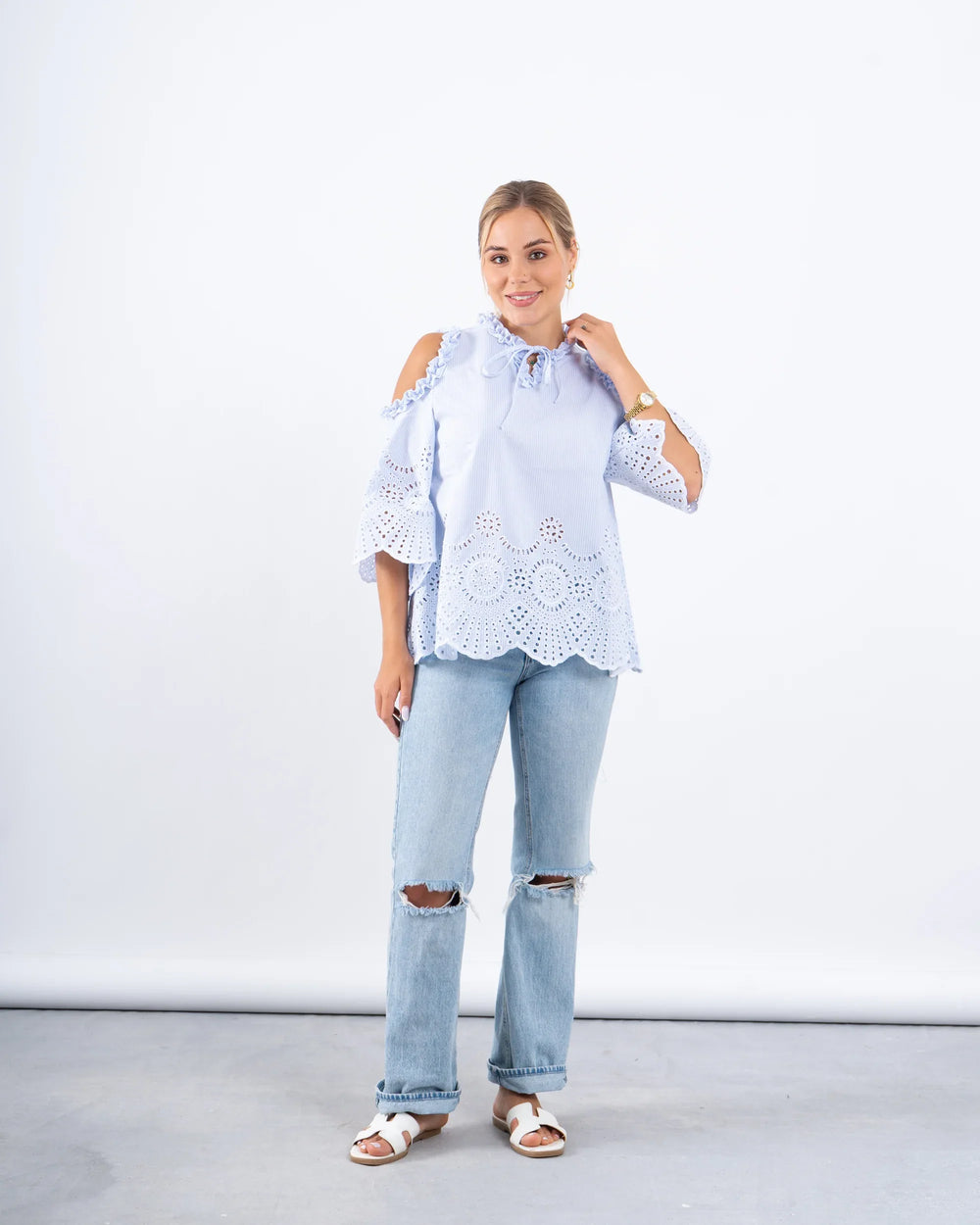 Striped Lace Open-Shoulder Top - Venti