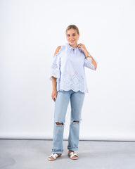 Striped Lace Open-Shoulder Top