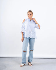 Striped Lace Open-Shoulder Top - Venti