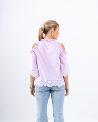 Striped Lace Open-Shoulder Top