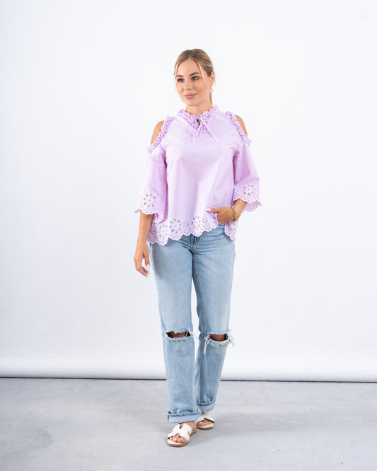 Striped Lace Open-Shoulder Top