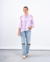 Striped Lace Open-Shoulder Top