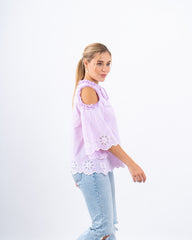 Striped Lace Open-Shoulder Top