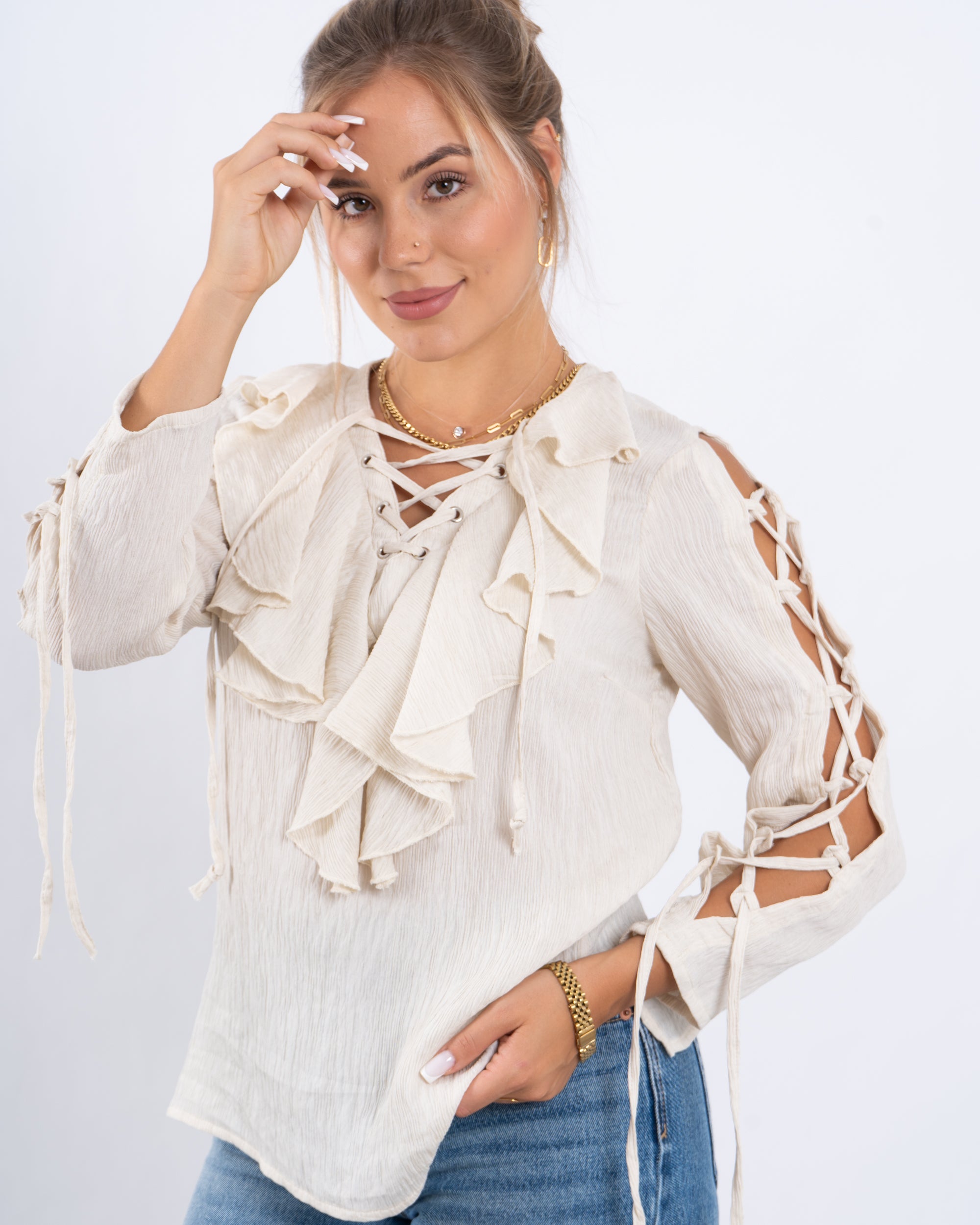 Lace-Up Blouse With Ruffle Detail – Venti - Main Image